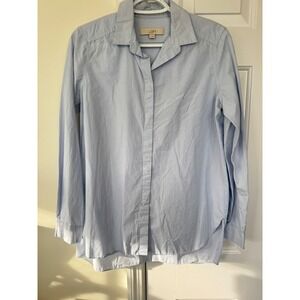 LOFT Ann Taylor Women Blue White Micro Stripe Button Down Shirt High Low Hem S